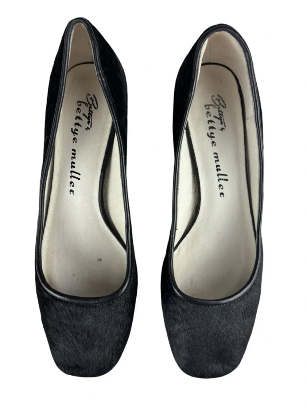 BETTYE MULLER WARHOL BLACK CALF HAIR LEATHER SQUARE TOE PUMP HEELS